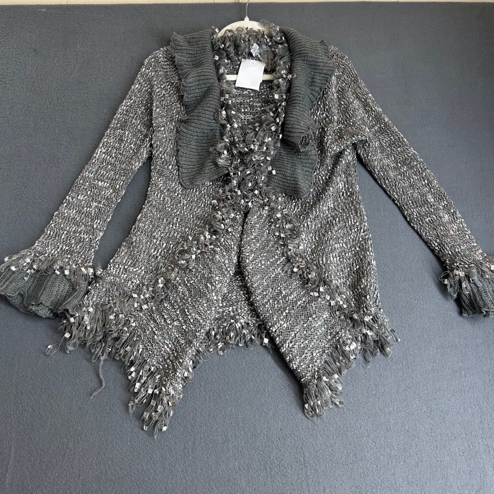 52 Sisters Cardigan Womens L Gray Metallic Open Front Ruffle Fringe Shrug
